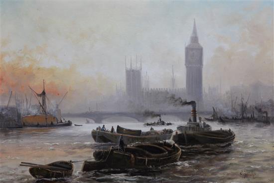 § Edward Henry Fletcher (1851-1945) View of the Palace at Westminster with tug boats on the Thames 20 x 30in.